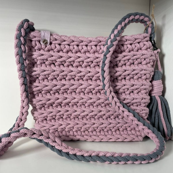 Crochet bag, shoulder bag, shoulder bag, pink lilac colors, crossbody bag made of recycled cotton cord.