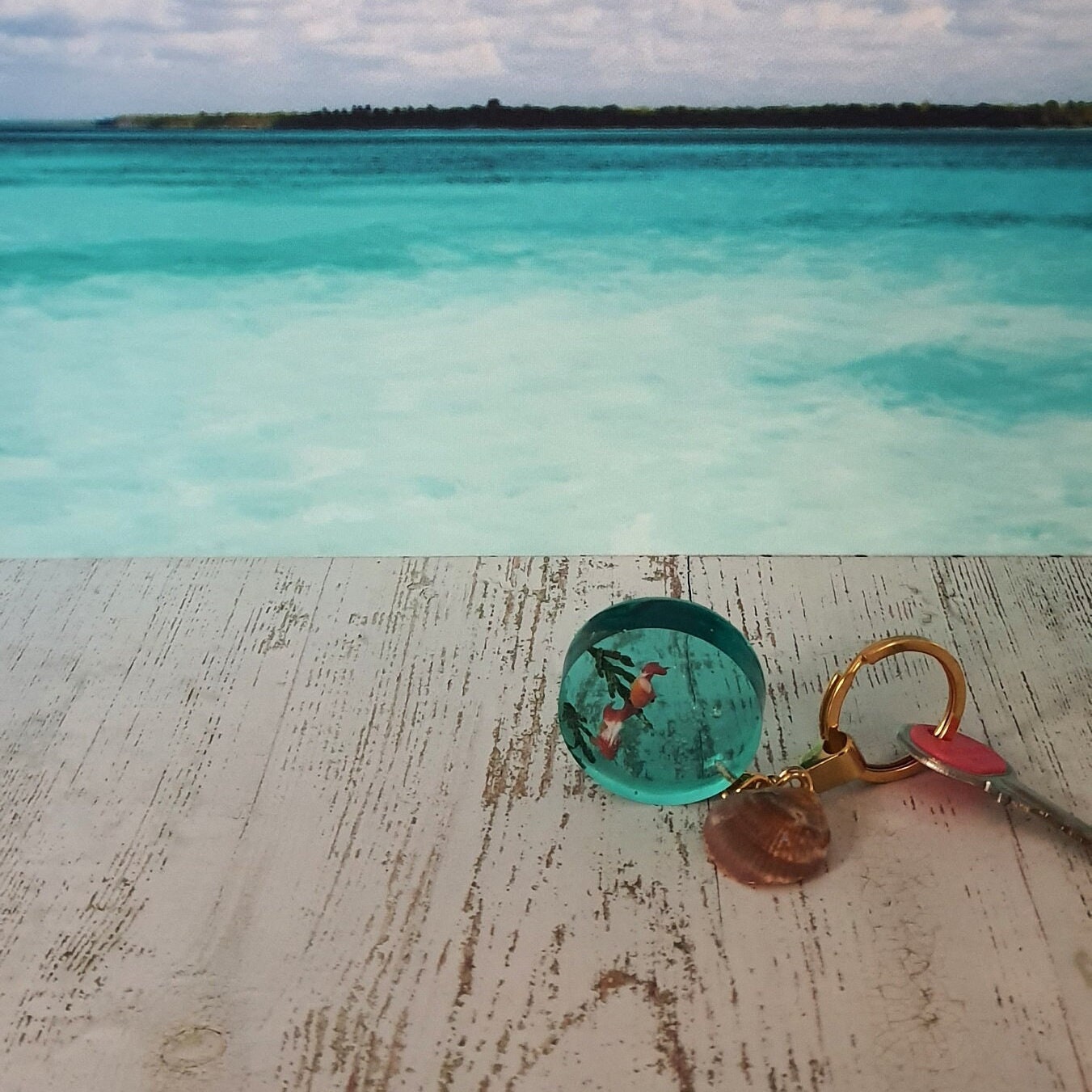 Turquoise Key Ring Aquarium Keychain Gold Fish Seashell and Etsy