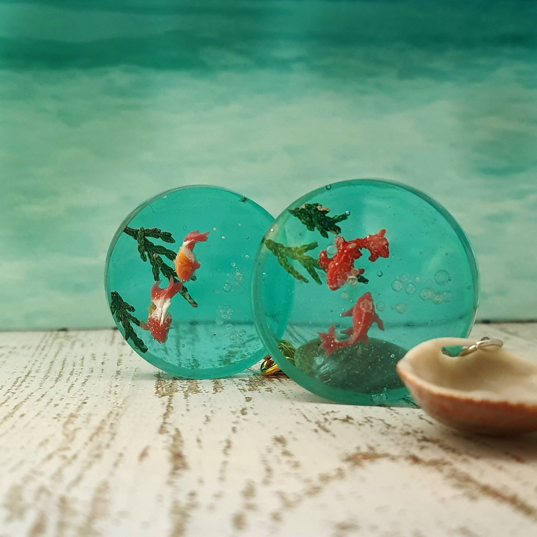 Turquoise Key Ring Aquarium Keychain Gold Fish Seashell and Etsy