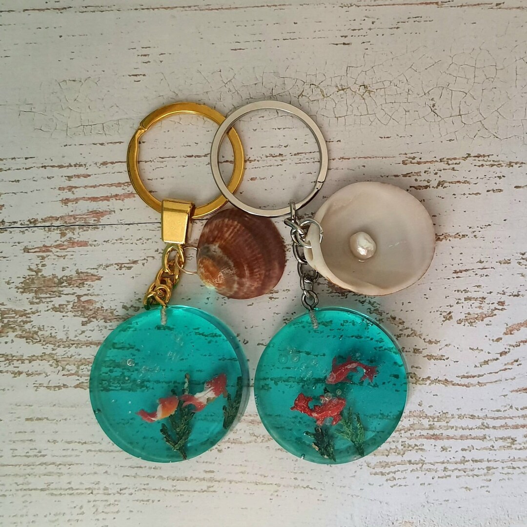 Turquoise Key Ring Aquarium Keychain Gold Fish Seashell and Etsy