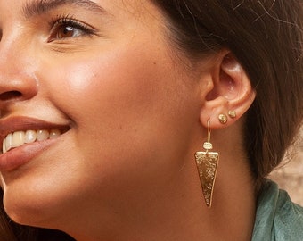 Triangle Earrings, Gold Plated Drop Earrings, Long Dangle Earrings, Hammered Geometric Earrings, Bohemian Earrings, Stylish Gifts For Women