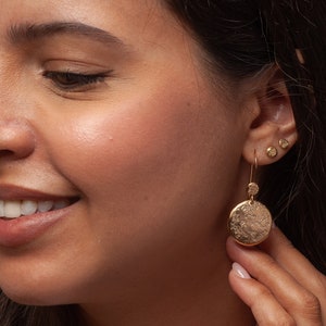 Circle Disc Earrings, Gold Disk Earrings, Gold Plated Earrings, Disc Dangle Earrings, Hammered Earrings, Large Dangle Earrings image 4
