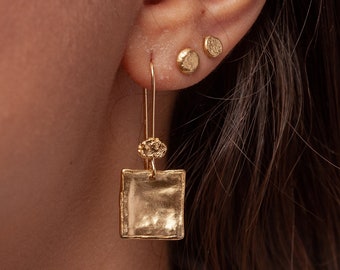 Square Drop Earrings, Dangling Gold Earrings, Hammered Earrings, Geometric Earrings, Ethnic Earrings, Boho Earrings, Statement Earrings