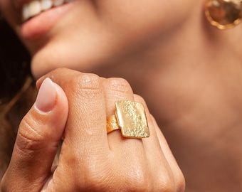 Large Square Signet Ring, Hammered Signet Ring, Gold Plated Ring, Womens Statement Ring, Wide Square Ring