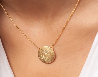 Ethnic Hammered Necklace, Engraved Necklace, Bohemian Gold Plated Necklace, Hammered Circle Necklace, Hammered Disc Necklace