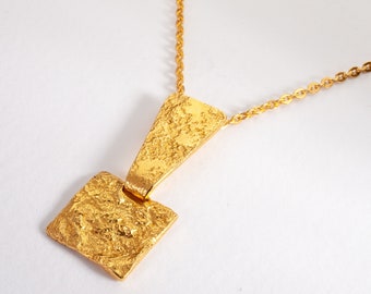 Small Gold Square Pendant For Women, Hammered Necklace, Textured Pendant, Short Gold Plated Necklace, Geometric Necklace, Handmade Necklace