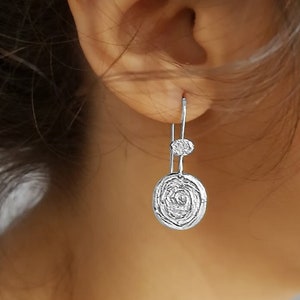Spiral Silver Earrings, Silver Coin Earrings, Sterling Silver Dangle Earrings, Silver 925 Disc Earrings, Solid Silver Boho Earrings