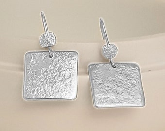 Large Silver Square Earrings, 925 Sterling Silver Hammered Earrings, Textured Silver Earrings for Women, Unique Silver Boho Earrings