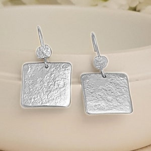 Large Silver Square Earrings, 925 Sterling Silver Hammered Earrings, Textured Silver Earrings for Women, Unique Silver Boho Earrings image 1