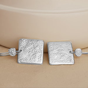Large Silver Square Earrings, 925 Sterling Silver Hammered Earrings, Textured Silver Earrings for Women, Unique Silver Boho Earrings image 2