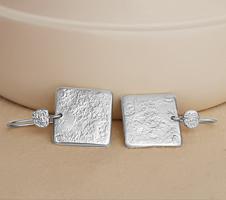 Large Silver Square Earrings, 925 Sterling Silver Hammered Earrings, Textured Silver Earrings for Women, Unique Silver Boho Earrings image 2