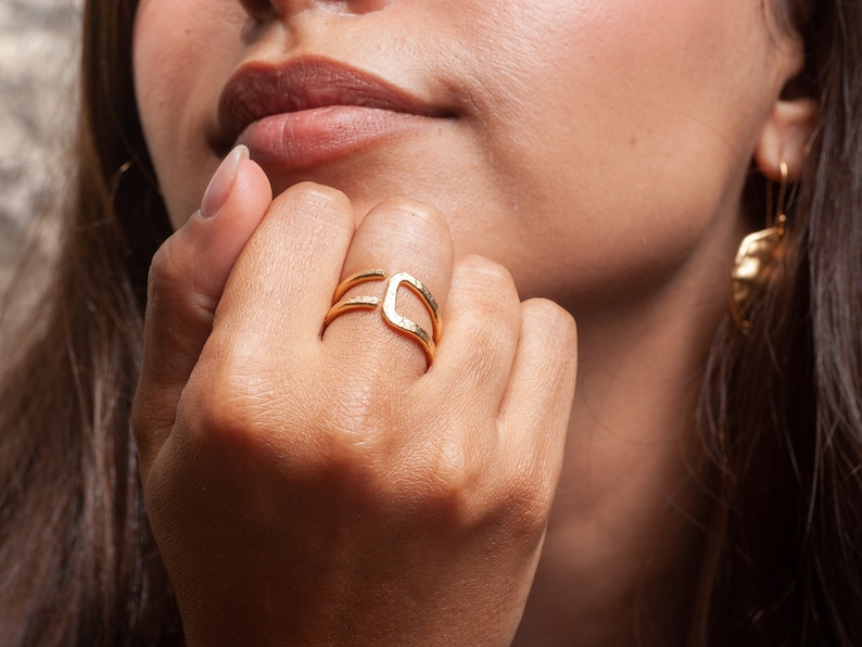 Modern Double Band Ring, Unique Handcrafted Ring, Women's Wide Boho Ring, Geometric Gold Plated Ring, Nickel Free Ring, Handmade Jewelry zdjęcie 1