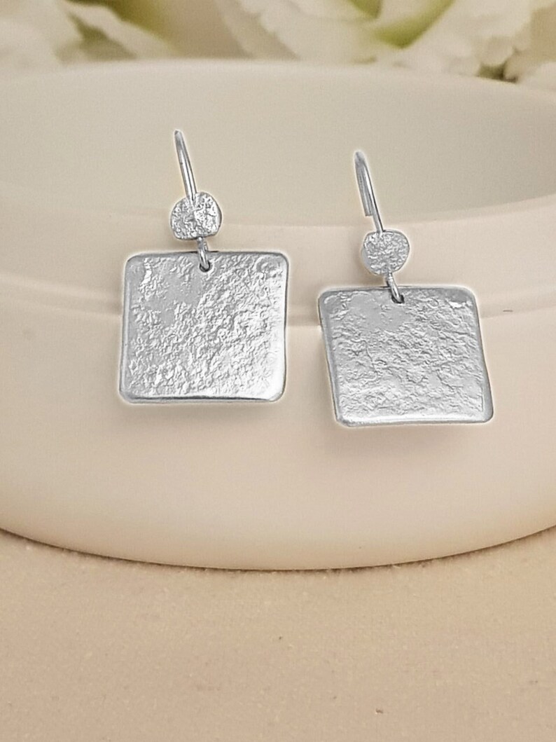 Large Silver Square Earrings, 925 Sterling Silver Hammered Earrings, Textured Silver Earrings for Women, Unique Silver Boho Earrings image 1