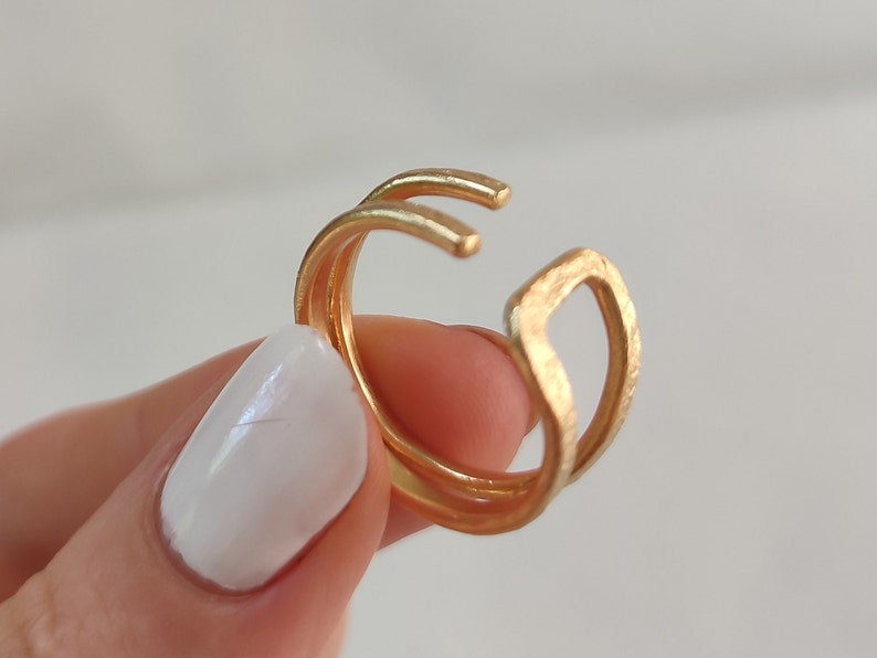 Modern Double Band Ring, Unique Handcrafted Ring, Women's Wide Boho Ring, Geometric Gold Plated Ring, Nickel Free Ring, Handmade Jewelry zdjęcie 7