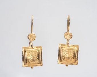 Small Engraved Gold Earrings, Square Drop Earrings, Geometric Gold Plated Earrings, Boho Dangle Earrings, Ethnic Earrings, Gifts for Wife