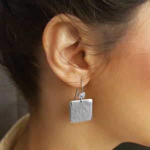 Large Silver Square Earrings, 925 Sterling Silver Hammered Earrings, Textured Silver Earrings for Women, Unique Silver Boho Earrings image 3