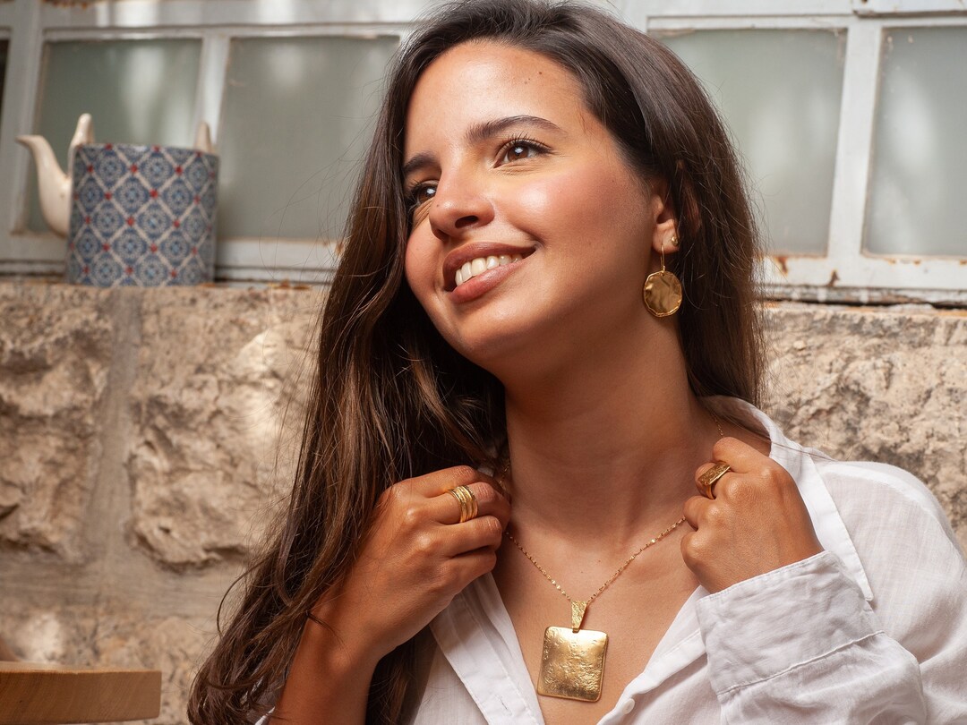 Extra Large Square Pendant Necklace, Geometric Gold Plated Necklace