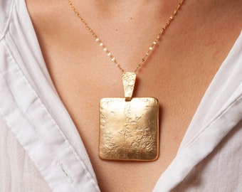 Womens Large Square Pendant Necklace, Gold Plated Necklace, Geometric Pendant Necklace, Statement Pendant, Chunky Pendant, Handmade Necklace