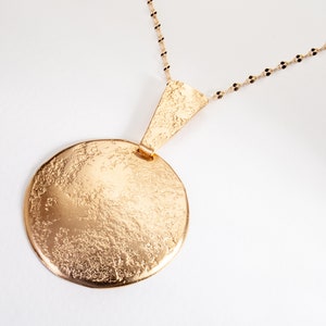 Large Pendent Necklace, Long Chain Necklace, Gold Plated Necklace For Women, Hammered Necklace, Large Circle Pendant, Handcrafted Necklace