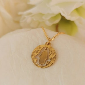 Jewish Hamsa Amulet Necklace, Hammered Gold Pendant, Handmade in Israel