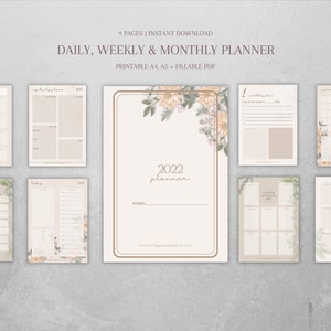 2022 Boho Editable planner | 2022 Boho Printable planner | Daily planner | Weekly planner | Monthly planner | Daily meal planner|