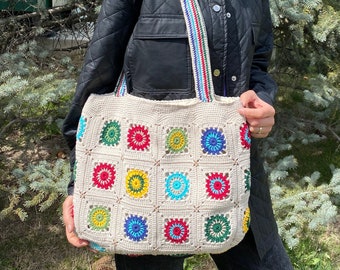 Handmade Cotton Crochet Granny Square Bag: Boho Retro Tote