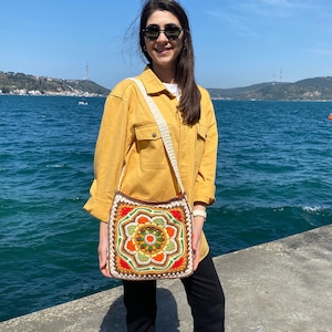 Handmade Crochet Granny Square Bag: Organic Cotton Boho Purse