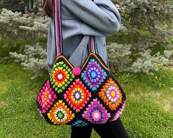 Granny Square Bag, Crochet Bag Afghan, Hobo Bag, HandKnit Boho Bag, Crochet Purse, Retro Bag, Crochet Tote Bag, Hippie Bag, Gift For Her