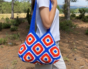 Bolso de abuela cuadrado de crochet hecho a mano: bolso boho de algodón tejido