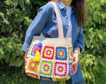 Handmade Crochet Granny Square Bag: Boho Cotton Tote