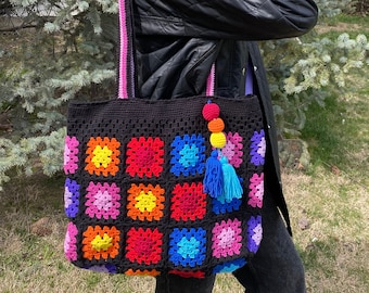 Granny Square Bag, Crochet Bag, HandKnit Boho Bag, Crochet Purse, Crochet Tote Bag, Retro Bag, Hippie Bag, Vintage Style, Gift for Her