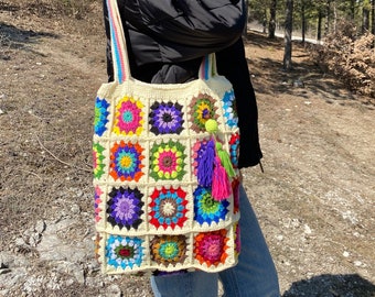 Handmade Granny Square Crochet Bag: Boho Cotton Tote