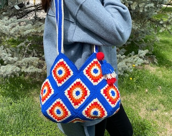 Handmade Crochet Granny Square Tote Bag: Boho Cotton Purse