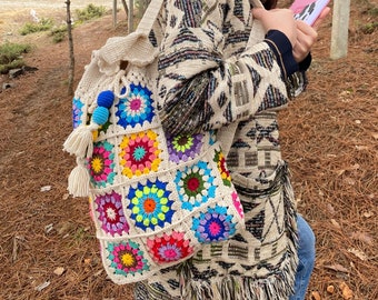 Handmade Crochet Backpack: Cotton Afghan Granny Square Tote