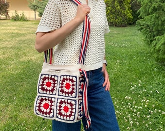 Bolso de ganchillo cuadrado de abuela hecho a mano: Tote bohemio de algodón