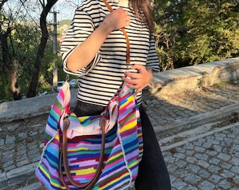 XXL Crochet Tote Bag: Handmade Colorful Cotton Duffle, Boho Crossbody