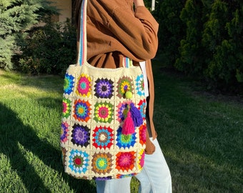 Granny Square Bag, Crochet Bag Afghan, Crochet Purse, Retro Bag, Hippie Bag, Gift for Her, Boho Bag, Vintage Style, Bag For Women