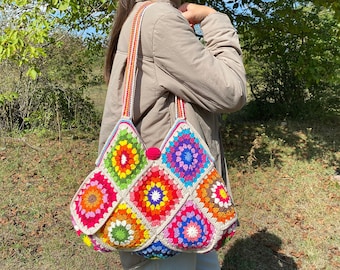 Handmade Crochet Granny Square Bag: Boho Cotton Tote