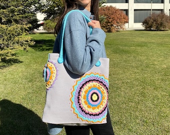 Handmade Crochet Granny Square Tote Bag: Boho Cotton Purse