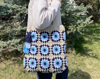 Handmade Crochet Granny Square Bag: Cotton Afghan Tote Purse