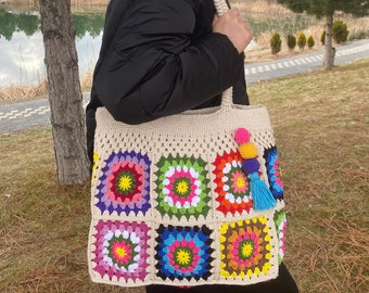 Handmade Granny Square Crochet Bag: Boho Cotton Tote