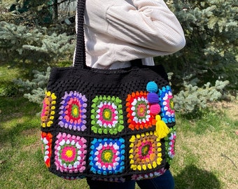 Handmade Crochet Granny Square Bag: Boho Cotton Tote