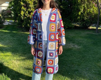 Cárdigan de abuela cuadrado de crochet hecho a mano: abrigo bohemio de algodón orgánico
