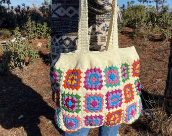 Handmade Granny Square Crochet Bag: Boho Cotton Tote