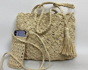 Bolso de cuerda de papel de crochet hecho a mano: bolso de hombro