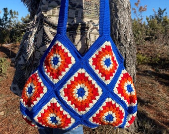 Handmade Crochet Granny Square Bag: Retro Boho Cotton Hobo Bag