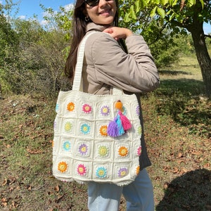 Handmade Crochet Granny Square Tote Bag: Boho Hippie Style