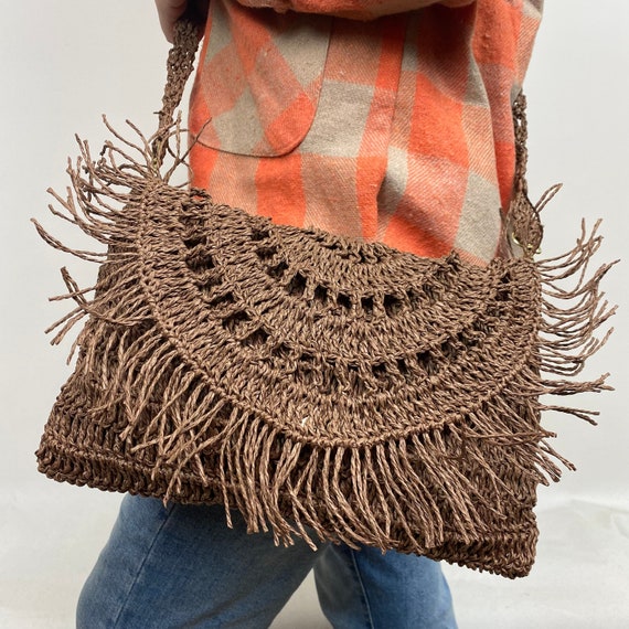 Knitted Paper Rope Bag, Casual Shoulder Bag, Crochet Paper Rope