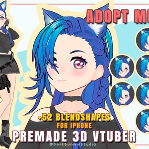 May include: A blue-haired anime character with cat ears, wearing a black shirt, black skirt, and black boots. The character is holding a phone in one hand. The image also includes the text "ADOPT ME!" and "PREMADE 3D VTUBER".