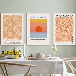 Yayoi Kusama Set di 3 stampe, William Morris, Andy Warhol Stampe d'arte murale, Galleria minimalista Stampe d'arte murali Stampa d'arte famosa S0277